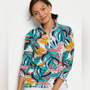TALBOTS NEW 1X UPF 50+ Cozy Crush Half Zip Pullover • Tropical Fronds Print